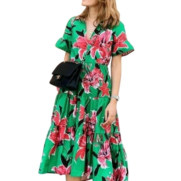Zara Women's Ss19 Floral Print Belted V-Neck Midi Dress Green‎ Red Size Large - Picture 1 of 13